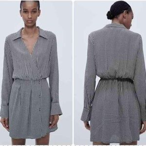 Zara black white houndstooth wrap mini shirt dress S long sleeve V-neck classy
